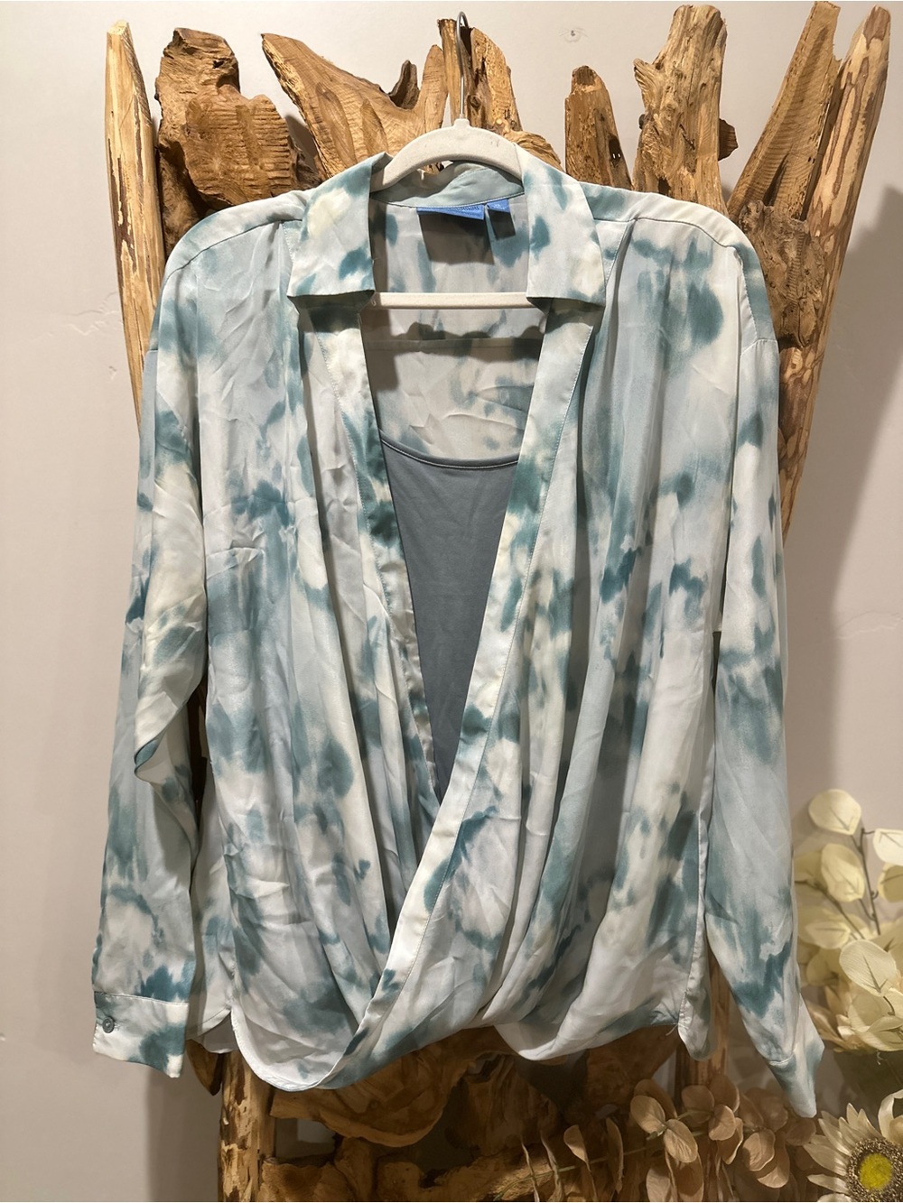Vera Wang Blue and White Draped Tie-Dye Blouse